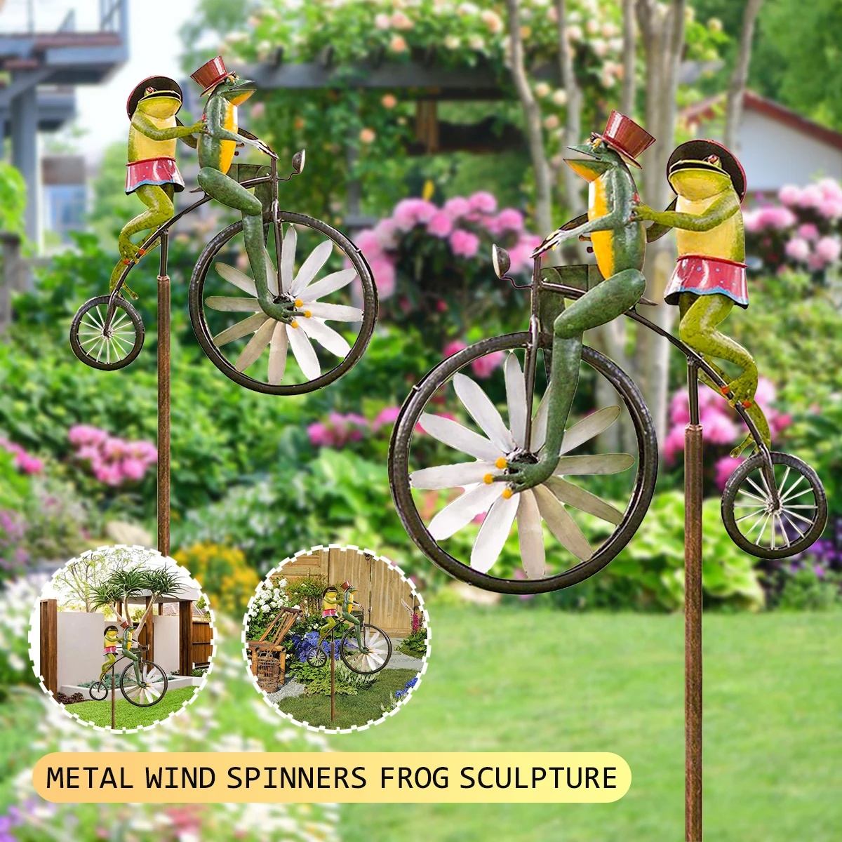 Funny Metal Frog Riding Spinners Vintage Bicycle Wind Sculptures Garden Animal Windmill Statues for Yard Lawn Patio Decoration