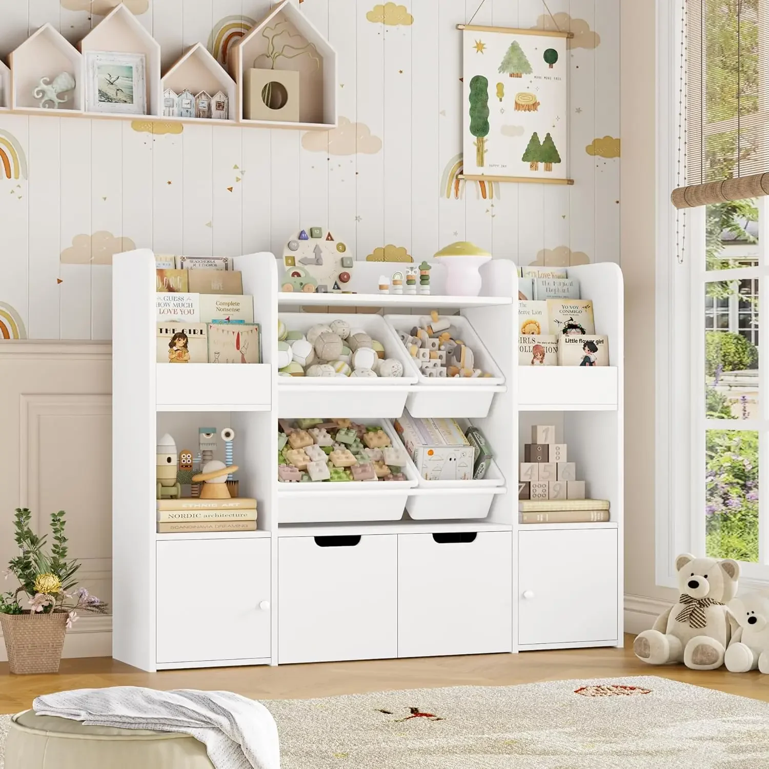 [Nuovo arrivo, spedizione gratuita! ]Grande organizer per giocattoli da 50'' con 4 contenitori per giocattoli, 6 armadietti e 2 cassetti mobili, libreria