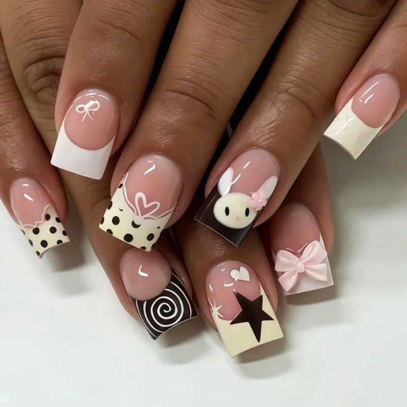 24pcs Press on Nails Cute Little Bunny 3D Bow Polka Dot and Pearl Short Trapezoidal False Nails Perfect for Girls  Everyday Use