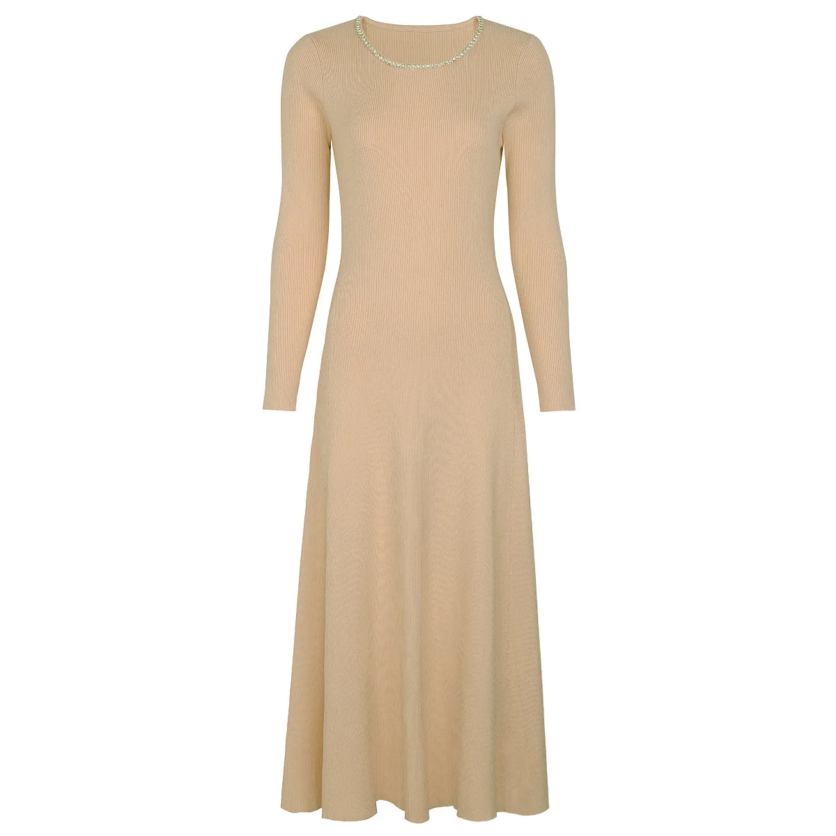 

BluWin 2025 Spring Autumn Knit Heavy Pearl Embellished Slim Fit Long Sleeve Dress – Elegant Bodycon Midi Dress for Women
