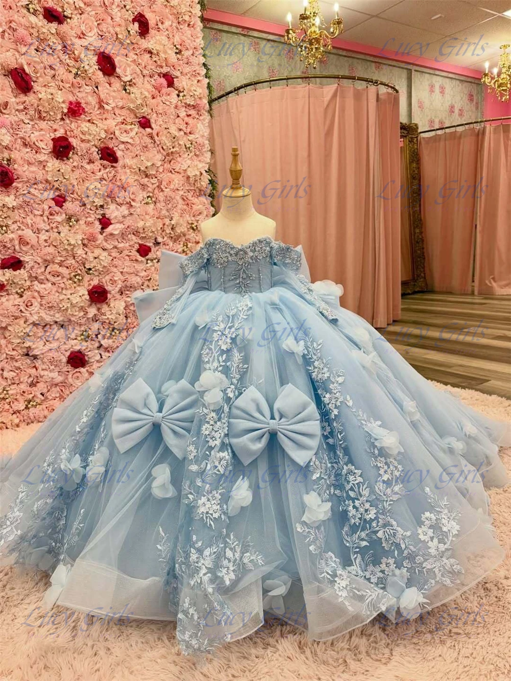 

Magnificent Lace Applique Flower Girl Dress with Sleeves 3D Flower First Communion Dress with Bow Beading Girls Pageant Dress
