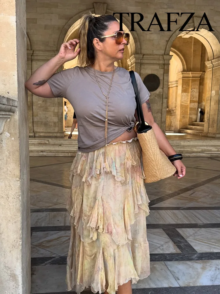 

HH Female Summer Elastic Waist Casual Pleated Elegant Skirt Women New Fashion Tie-Dye Print Layered Decoration Long Skirt