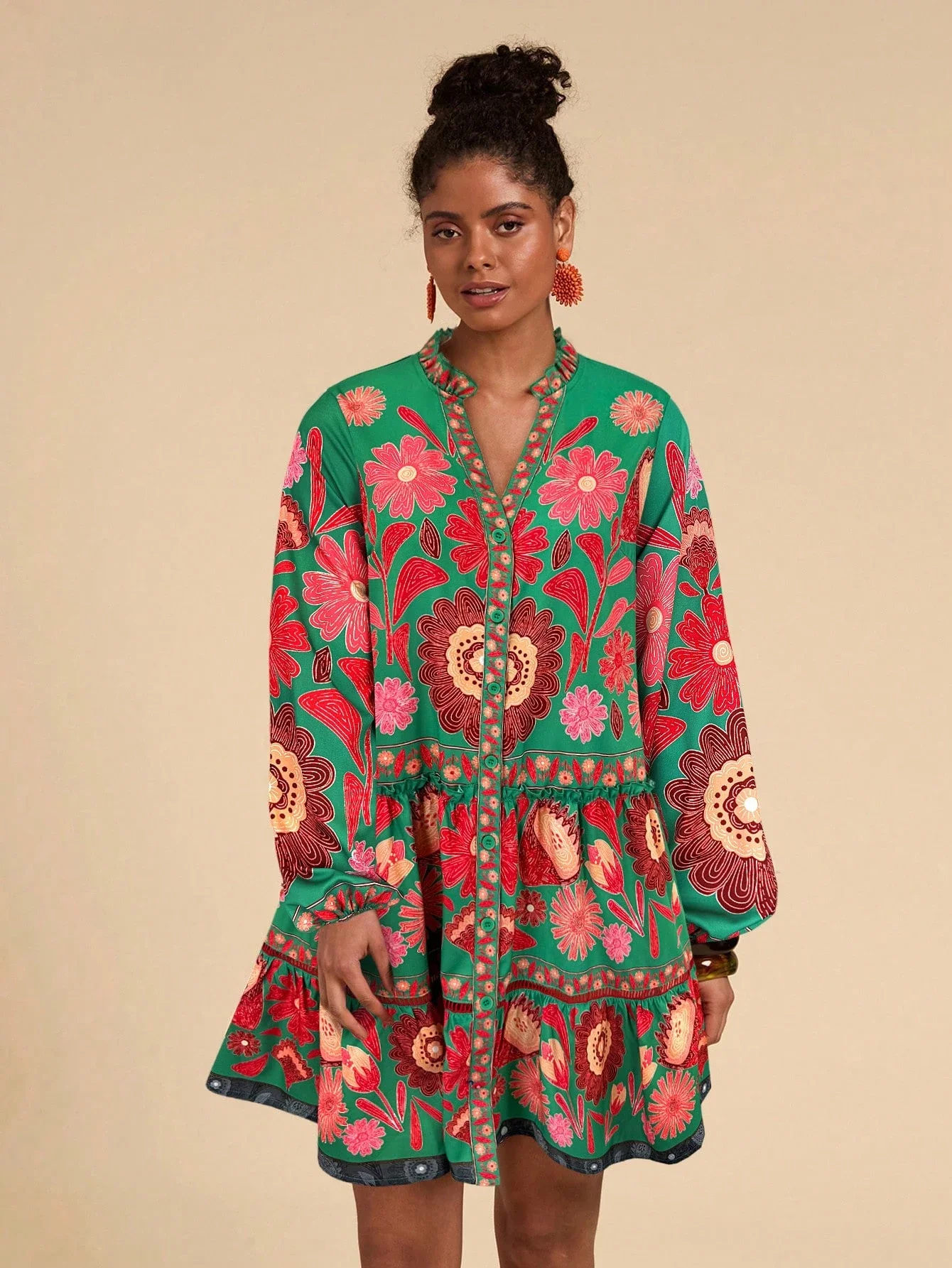 

Платье-смок с цветочным принтом, свободного кроя, с длинными рукавами, в богемном стиле, для летнего отдыха