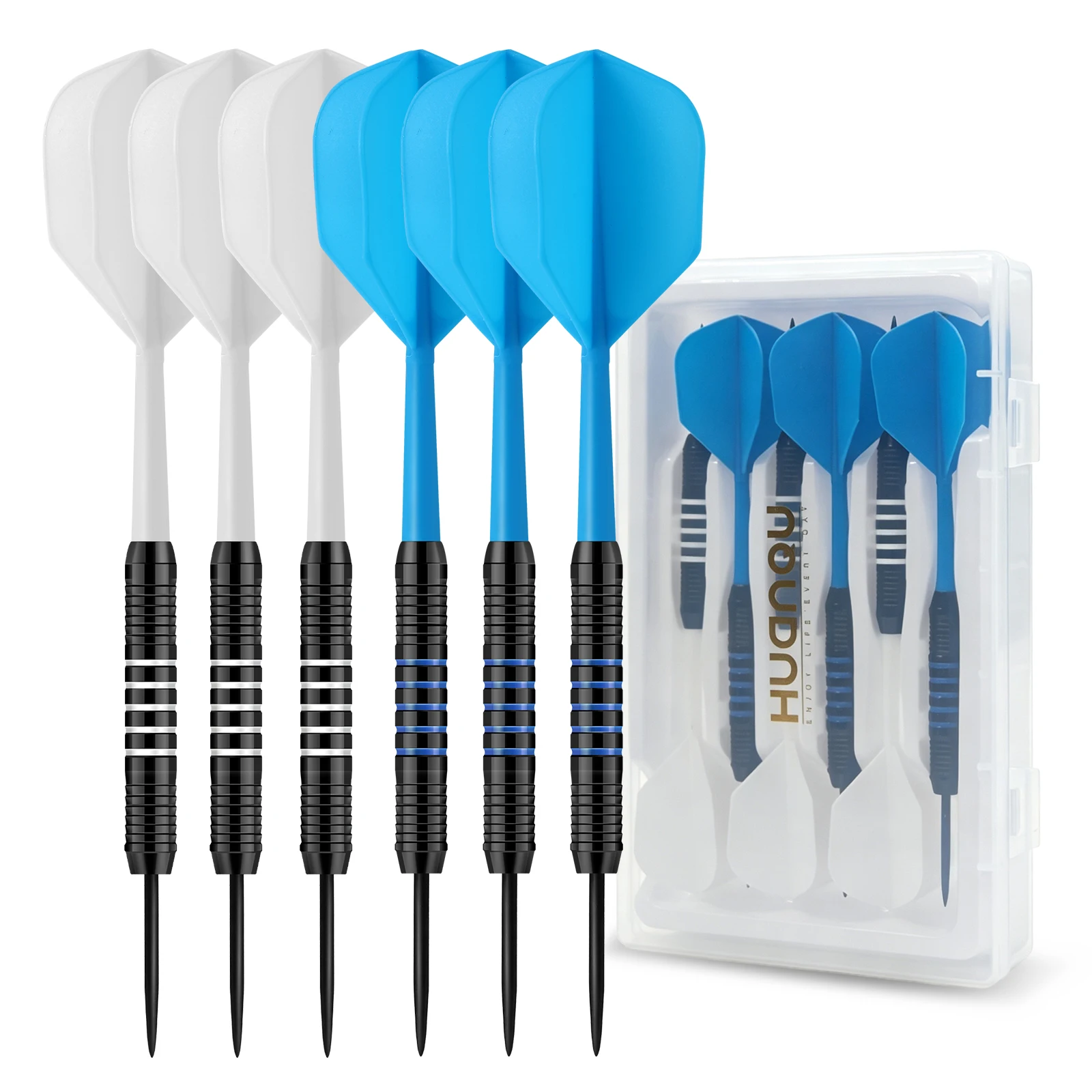 HUANQU 6pcs 22g Steel Tip Darts Set Professional Dart Game with Case Anti Slip Barrel Blue White Flights for Training