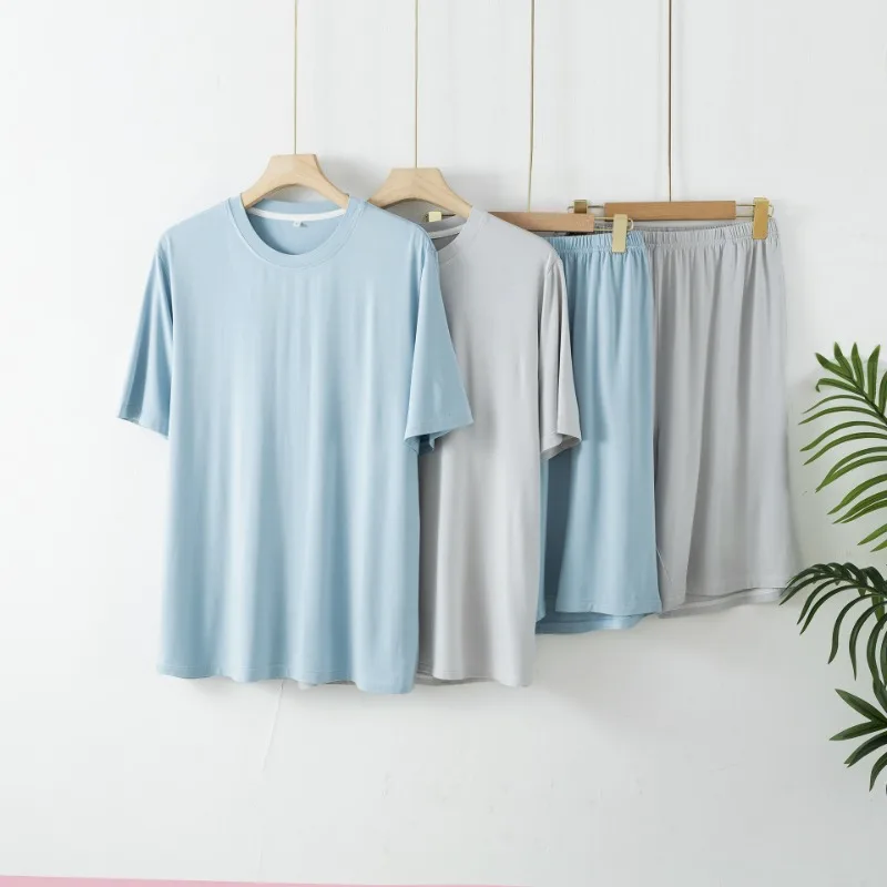 2025 Simple Solid Color Bamboo Fiber Men's Pajamas Short-sleeved Shorts Summer Thin Two-piece Loungewear O-Neck Pajama Sets