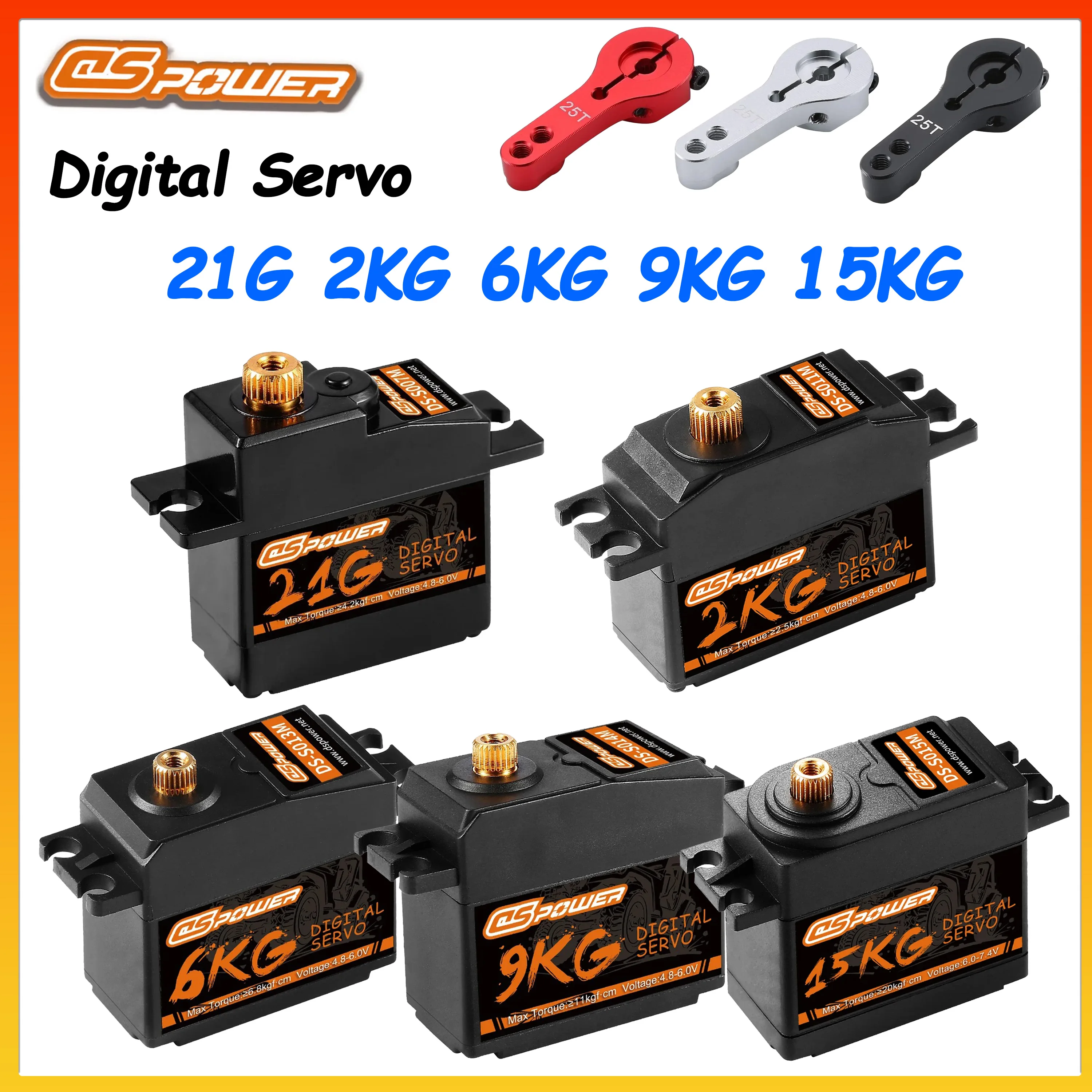 DSPOWER 21G 2KG 6KG 9KG 15KG Metal Gear Digital Servos Waterproof 25T Arm for 1/8 1/10 1/14 1/16 RC Car Helicopter Boat Part