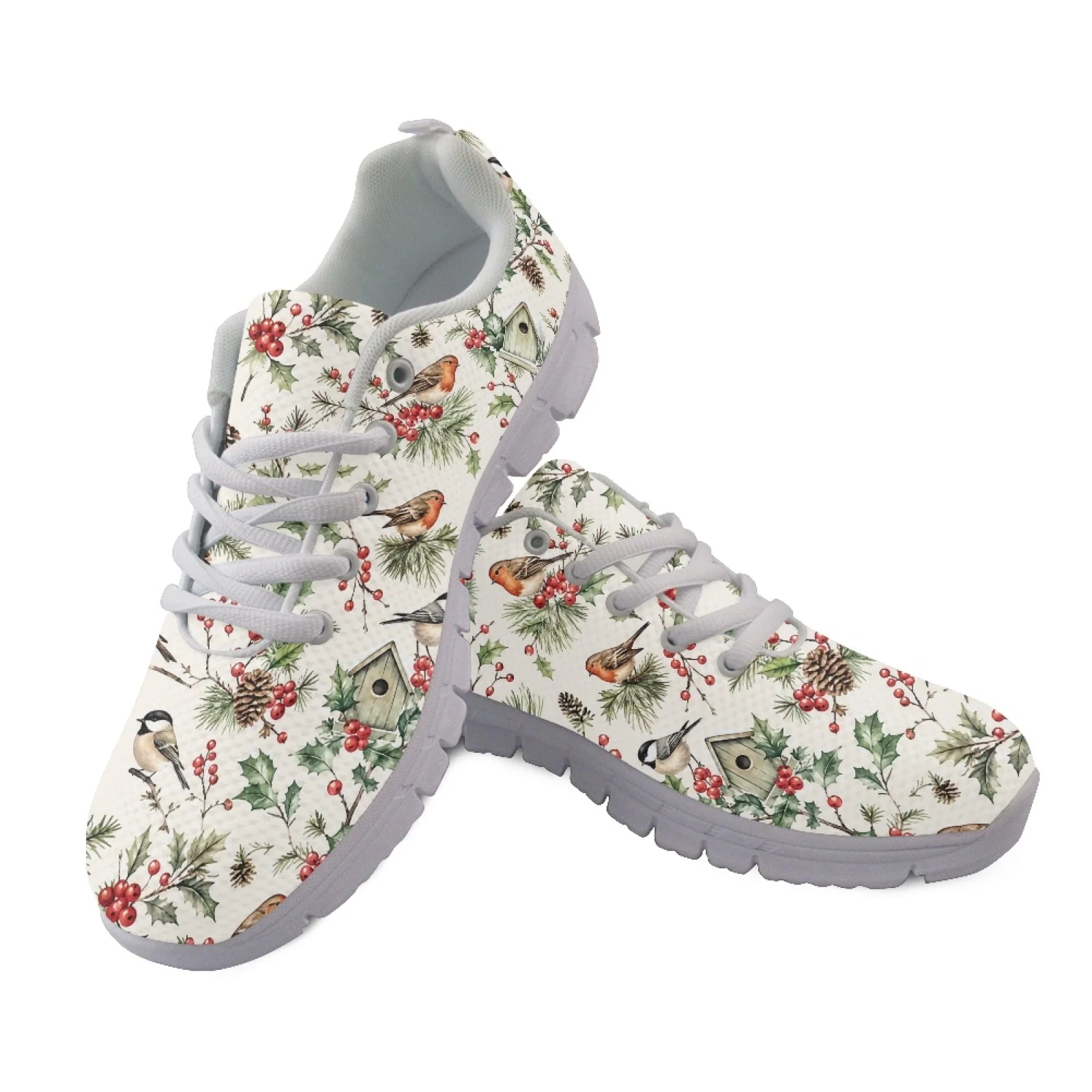 Coloranimal Winter Holly Bird Print Men Breathable Walking Sneakers for Medical Shifts Anti-Slip Sneaker Women Sport Shoes