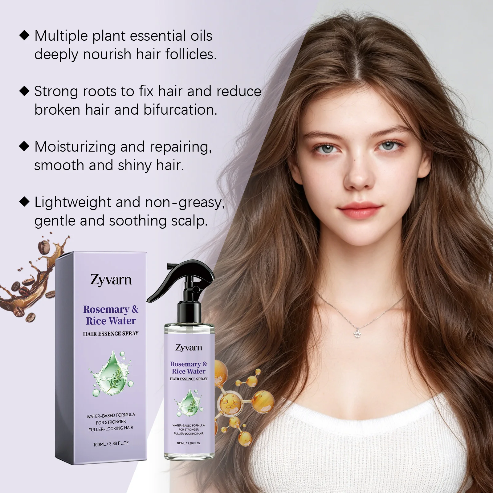 Rosmarin-Reiswasser Haarspray Volumenverstärkend Glättend Leave-In Pflege Ölkontrolle Erfrischende Kopfhaut-Essenz für Feines Haar 100ml – Detail 2