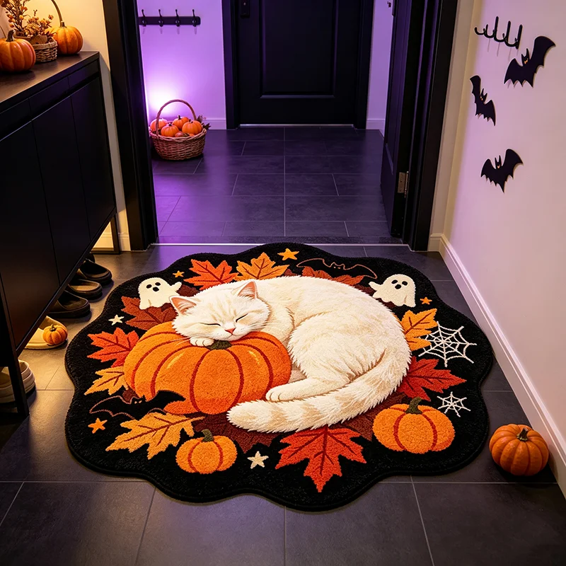 VIKAMA Halloween Pumpkin Cat Rug Soft and Slip-resistant Bedside Cushion for Bedroom Entry Hall Floor Mat Home Decoration