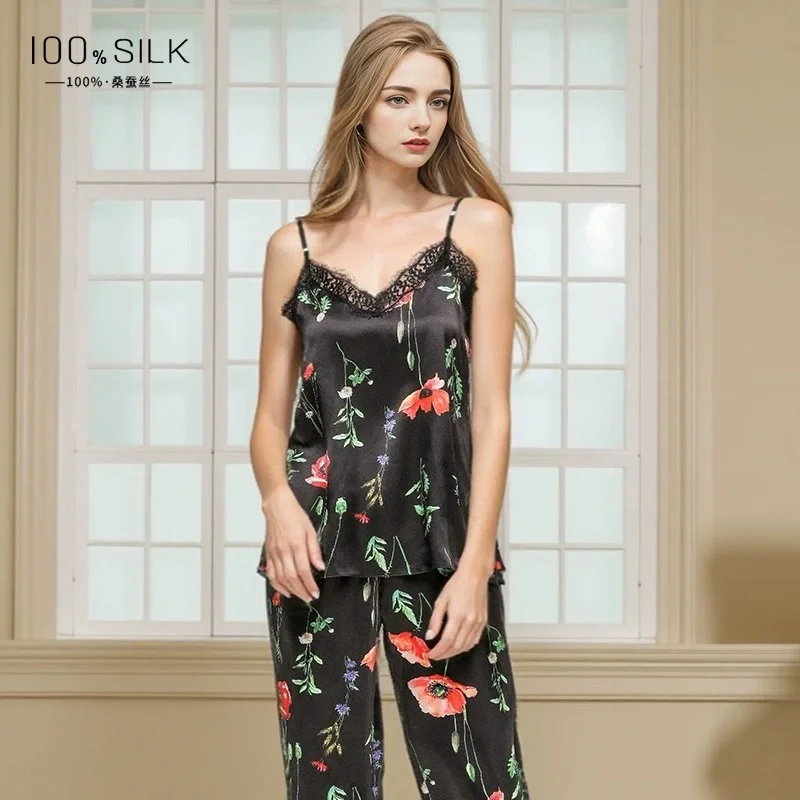 

Women's Summer Lightweight Silk Pajamas - 100% Mulberry Silk Camisole and Long Pants Two-Piece Cool and Comfortable Loungewear S