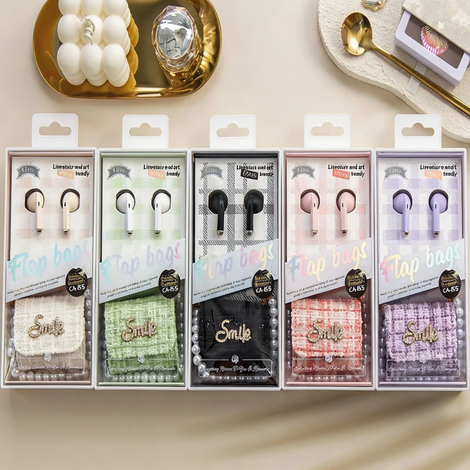 Bluetooth 5.4 Wireless Earphones Tweed Pearl Chain Bag 250mAh Case 5H Gaming Call 240H Standby Call Noise Reduction HiFi Headset