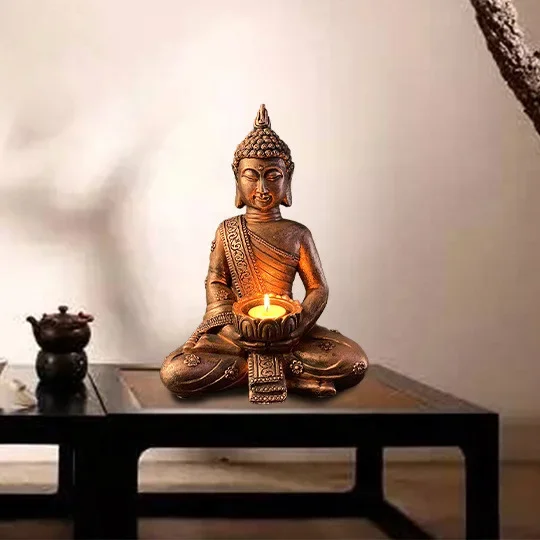 Buddha Statue Candle Tea Light Holder Meditating Buddha with Patina Gold Finish Sitting Sculpture Candle Holder Feng Shui Decor