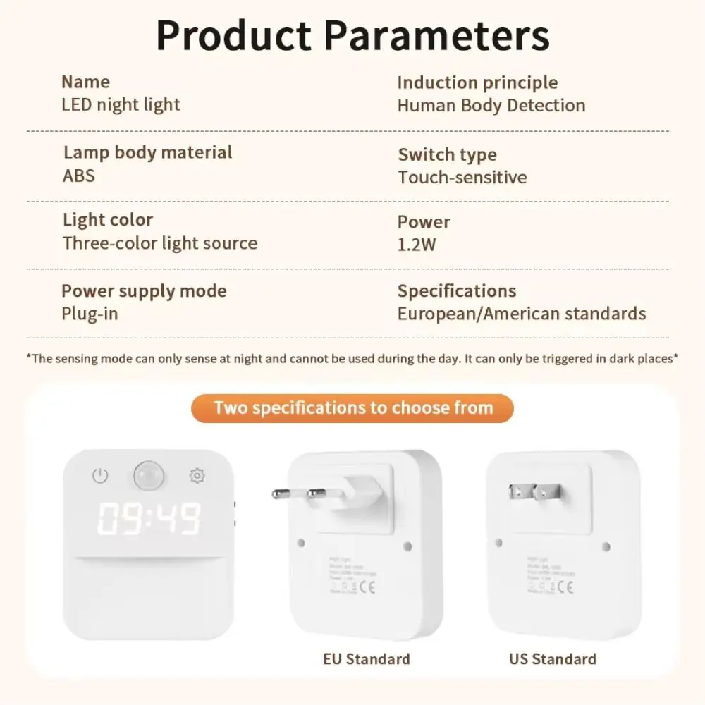

Infinite Dimming Human Body Induction Clock Three Color Switching Warm White Night Light Clock Display Dusk to Dawn Sensor