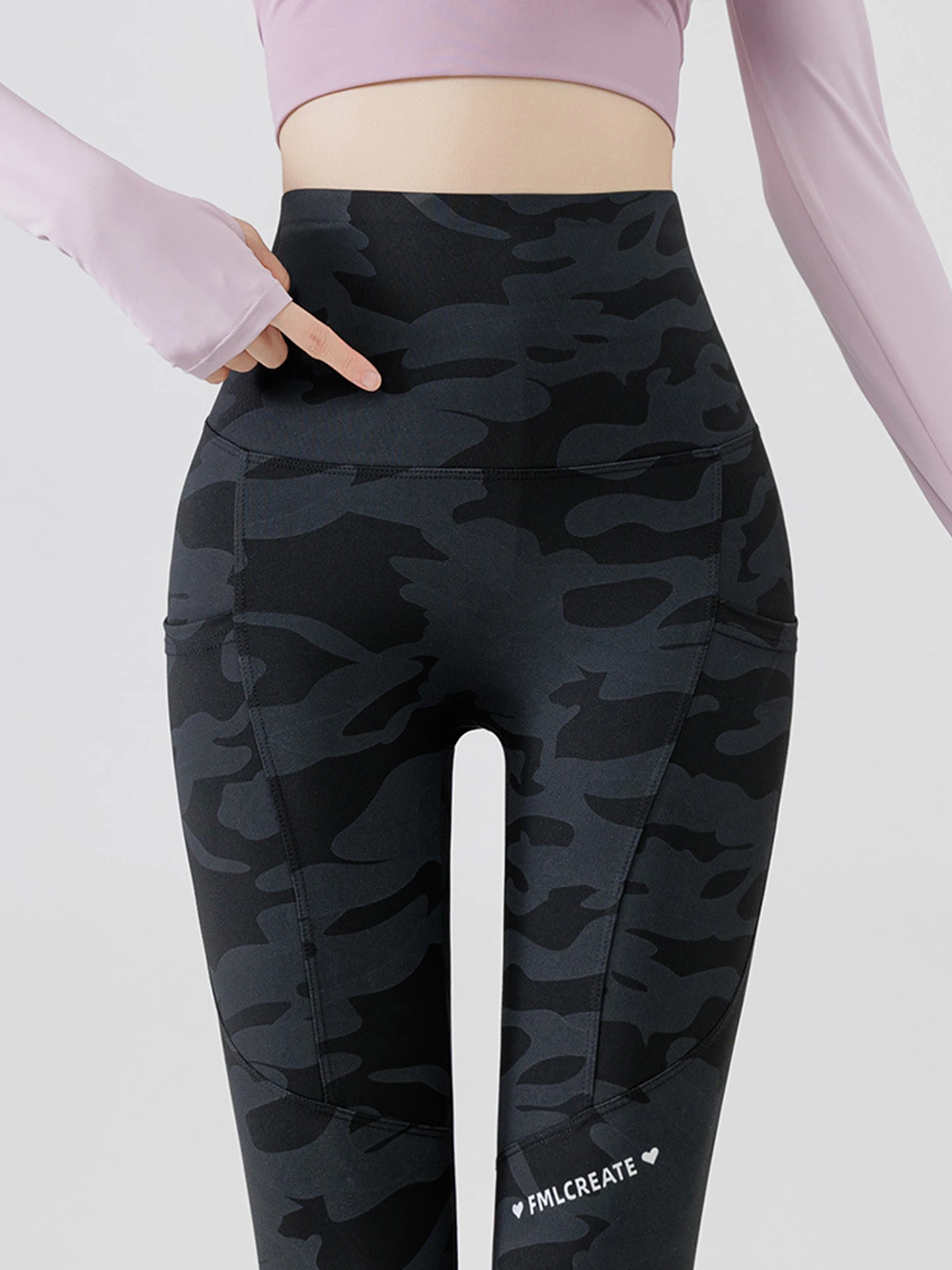 

Камуфляжные брюки из овчины с высокой талией, женские весенне-осенние брюки для йоги, бега, фитнеса, езды на велосипеде, базовый слой с двойными кетами