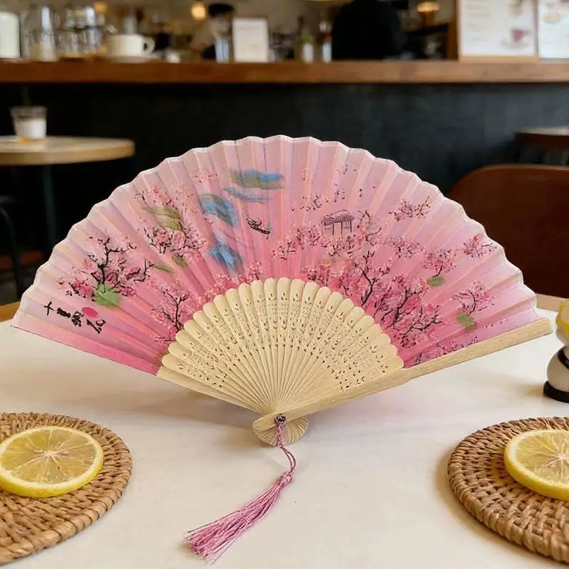 Handheld Floral Folding Fans Handheld Silk Bamboo Fans Women's Hollow-Handled Foldable Fan for Dancing and Wedding Decorations