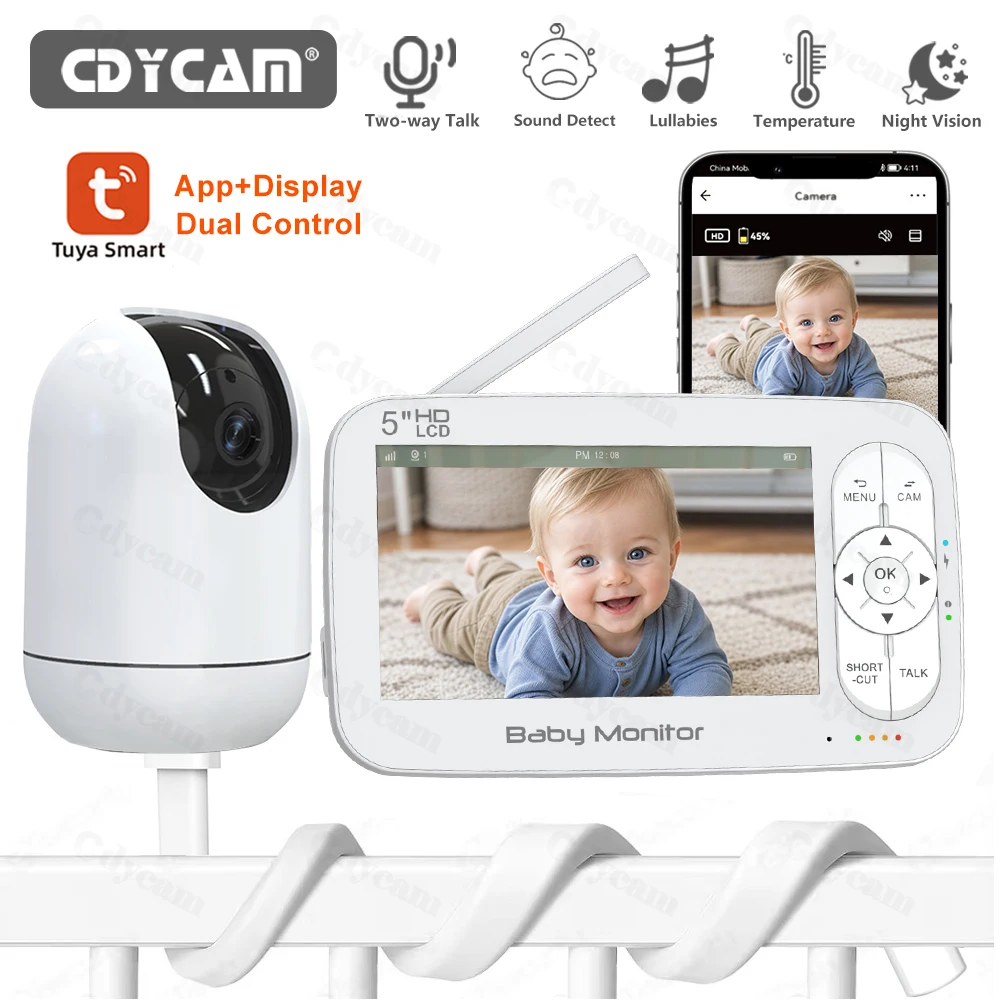 

5" WiFi Baby Monitor Tuya APP+monitor Dual Control Electronic Baby Sitter 4x Zoom PTZ Cam Two Way Audio Night Vision Babyphone