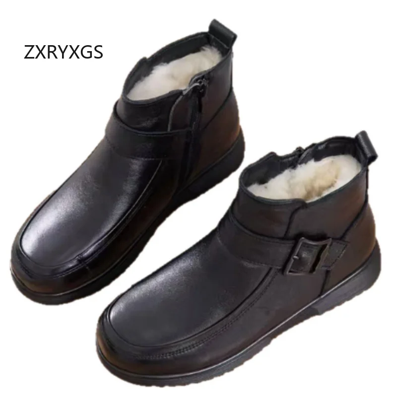 ZXRYXGS 2025 Nieuwe Mode Top Koeienhuid Winter Warme Snowboots Comfortabele Elegante Platte Laarzen Zwarte Schoenen Vrouwen Katoenen Laarzen