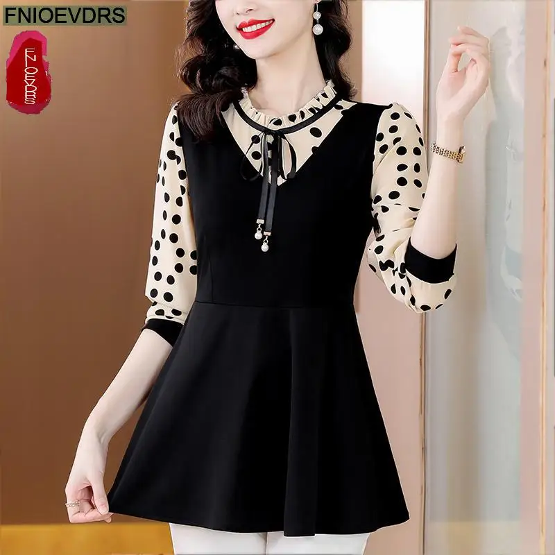 M-5XL 2023 Women Winter Spring Basic Wear Elegant Office Lady Loose Casual Black Ruffles Tunic Peplum Tops And Blouses