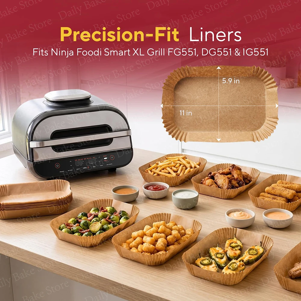 Air Fryer Paper Liners for Ninja Foodi Smart XL Grill, Disposable Parchment Sheets, Fits FG551, DG551 & IG551, Non-Stick, 11x6in