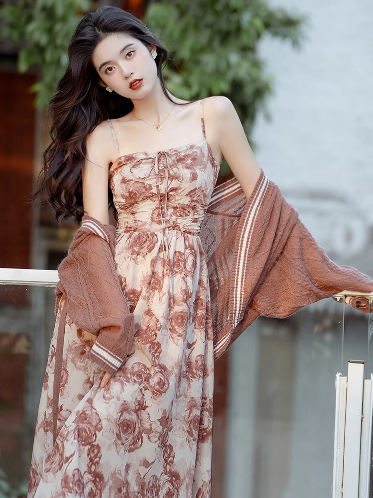 

Dress Women's New Chinese Style Oil Painting Sling Rose Printed Sweater Suit High-Grade Two-Piece Set Spring and Summer Fashion