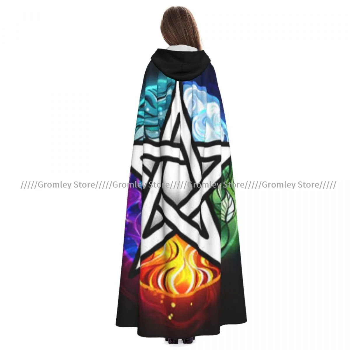 

Medieval Halloween Cosplay Cloak Hooded Coat Luminous Pentagram With Five Magical Cape Coat Long Trench Costume Wizard Cloak