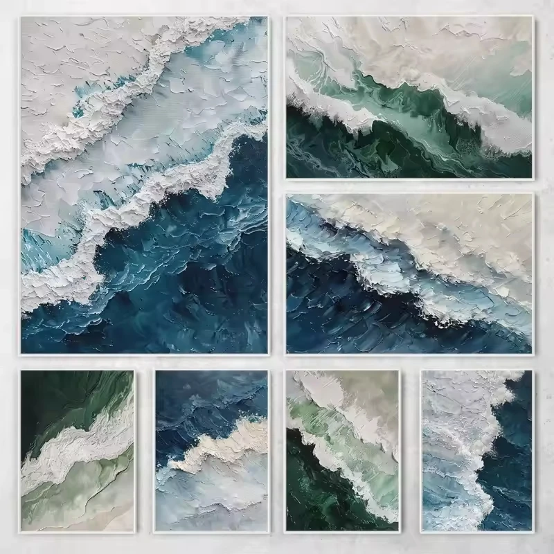 Ocean Wave Abstract Beach Seascape Deep Blue Green Canvas Painting Boho Wall Art Poster Print for Living Room Home Decor