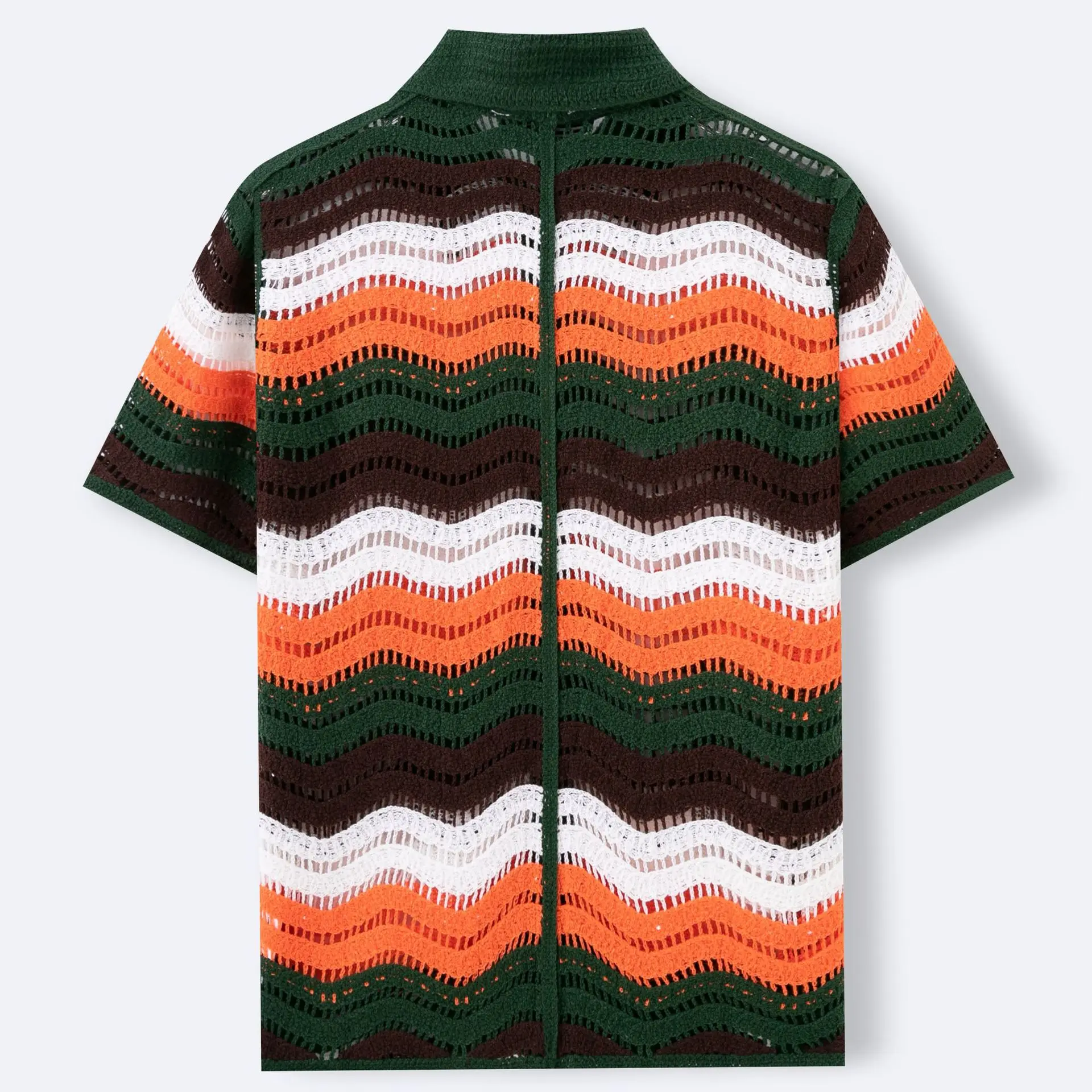 Retro vacation style color stripe hollow knitted cardigan fashionable lapel short sleeved crochet polo shirt men's trendy top