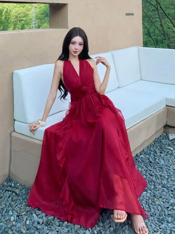 

Elegant Red V-neck Halter Dress Beach Style Cotton Chiffon Midi Skirt Unique Beautiful Summer Spring Autumn Seasonal Fashion