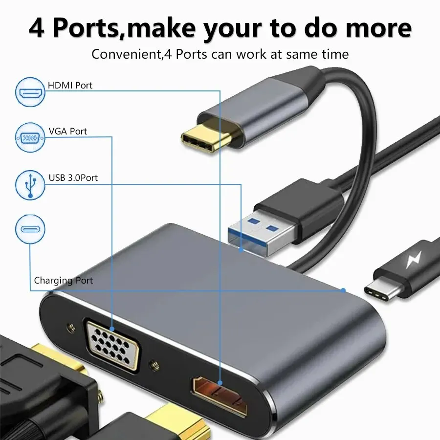 USB C Hub 4 in 1 Type C 3.0 Adapter to 4K HDMI VGA PD Fast Charge Splitter Docking Station Hub for Phone MacBook Laptop Computer image 2