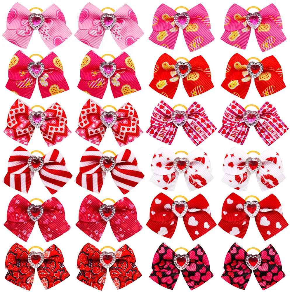 10PCS Valentine\'s Day Dog Bows Red Style Hair Bow Rubber Band for Dogs Fashion Puppy Cat Hair Boutique Dog Hair Accessories