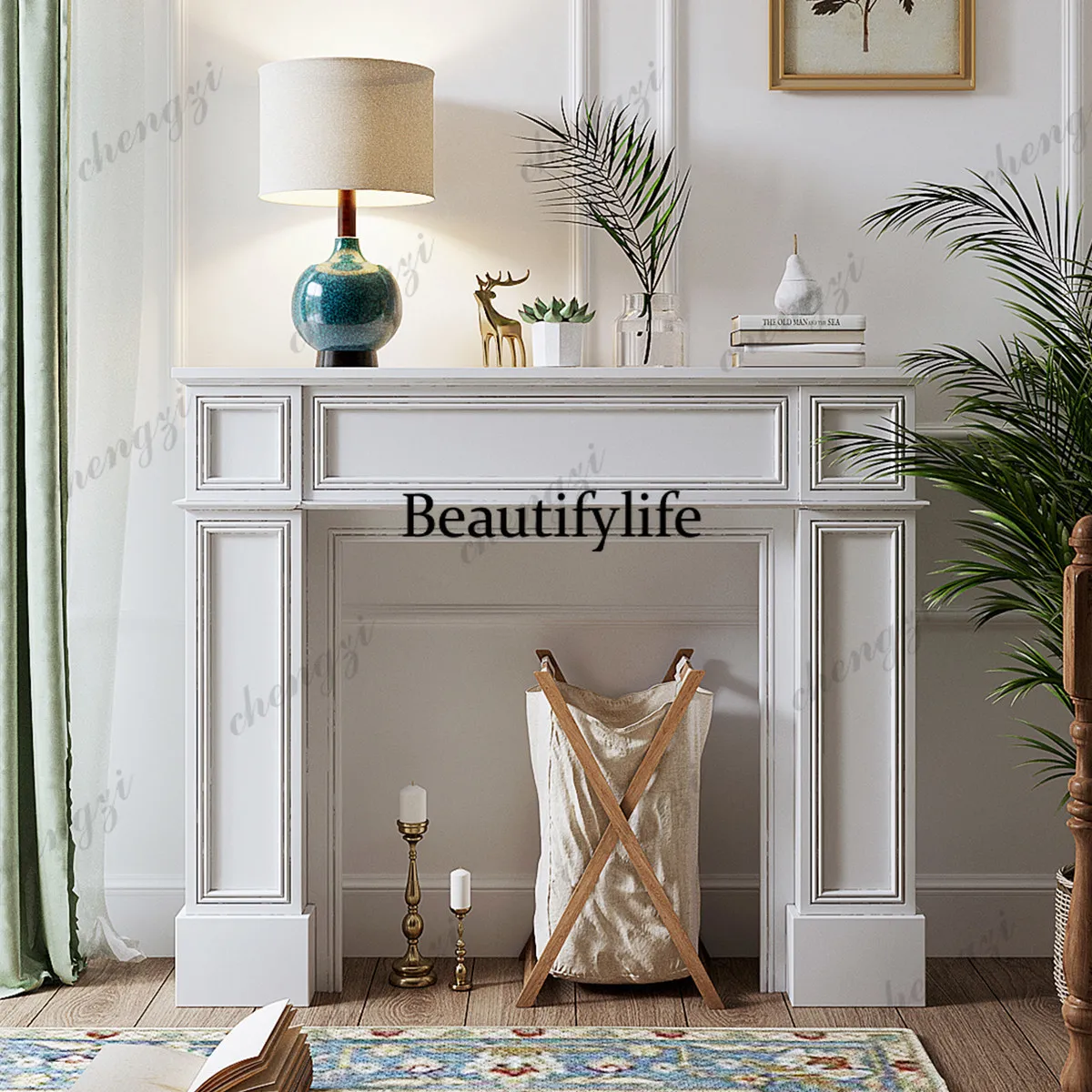 French retro fireplace decorative cabinet, scene arrangement living room display white porch narrow cabinet rack