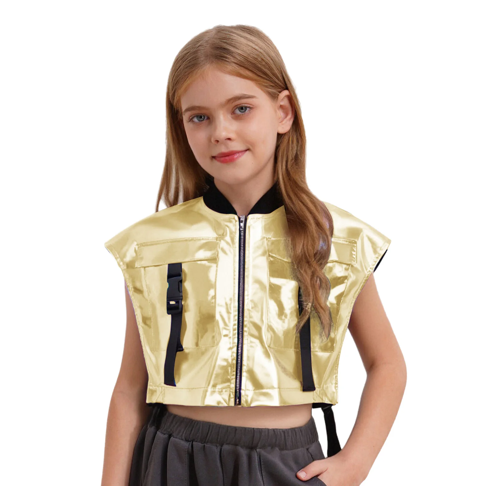 Kinderen Meisjes Glanzend Metallic Glanzend Vest Tops PU Mouwloos Rits Zijkanten Open Jasje voor Hiphop Jazzdans Stage Performance - afbeelding 1