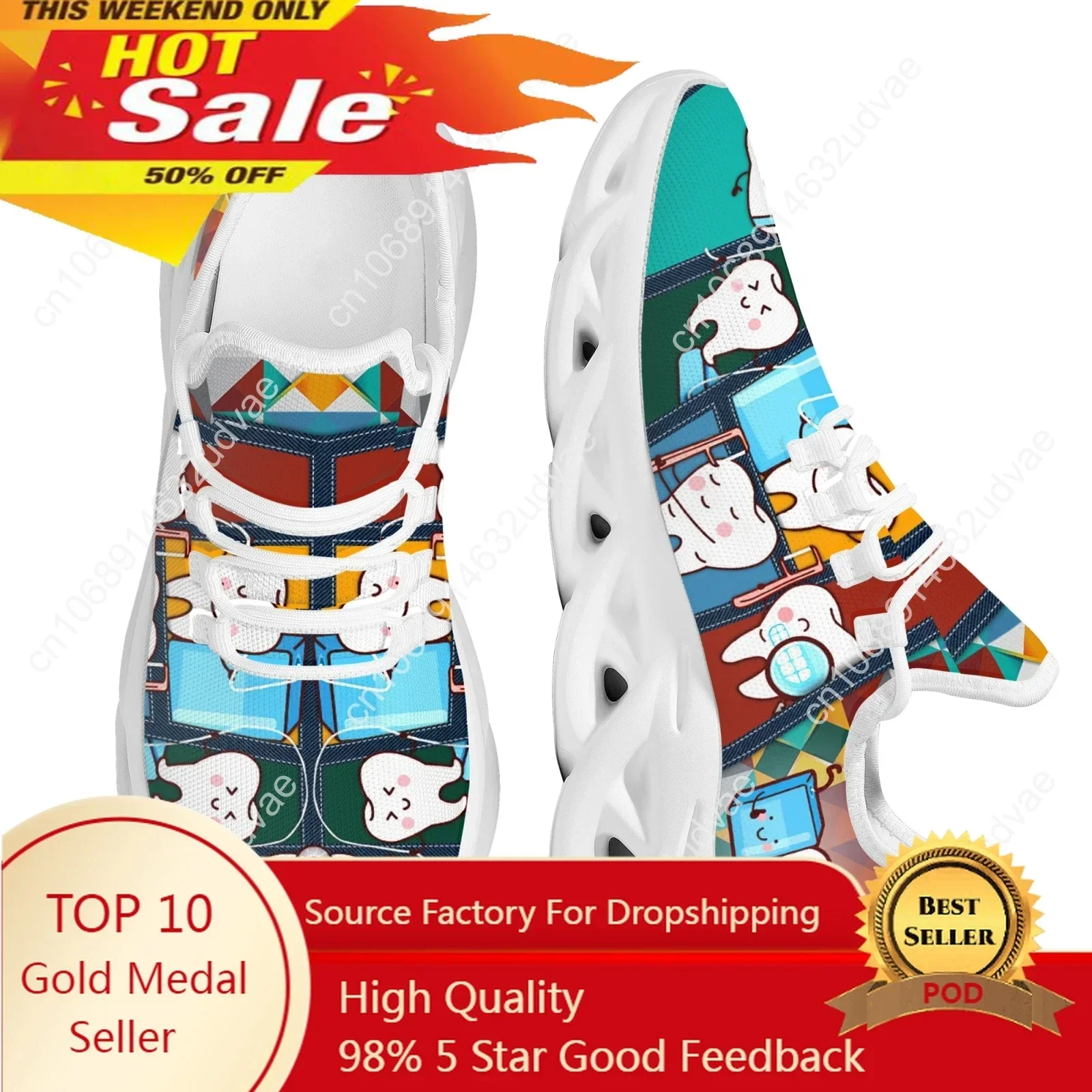 Women Flats Cartoon Lattice Tooth Pattern Casual Shoes Breathable Mesh Female Sneakers Zapatos Mujer 2022