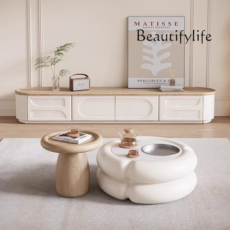 cc Log cream wind TV cabinet Nordic modern simple living room home paint floor cabinet retractable