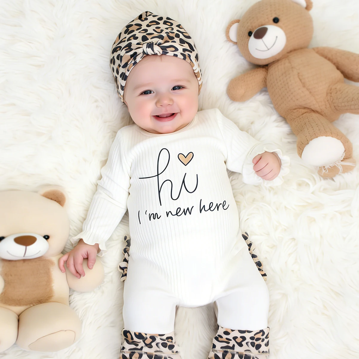 Ylsteed 3Pcs Newborn Boy Girl Photoshoot Outfits Leopard Print Long Sleeve Romper Jumpsuit with Turban Hat Bow Headband Props-HD