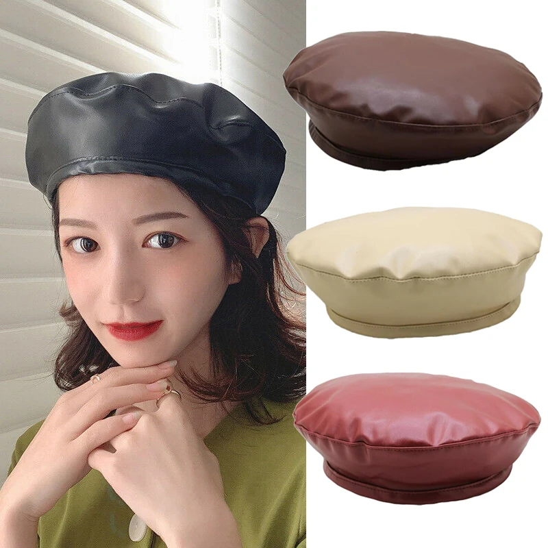 Women Girl Beret French Artist Warm Wool Winter Beanie Hat Cap Vintage Plain Beret Hats Solid Color Elegant Lady Leather Caps