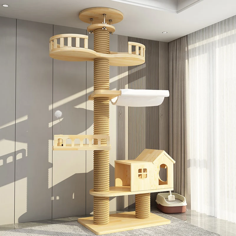 

YXT Cats Tree Floor Solid Wooden Cat Tree House Climbing Pets Furniture Adjustable Kitten Trees Tower Multilayer Cat Climbing Fr