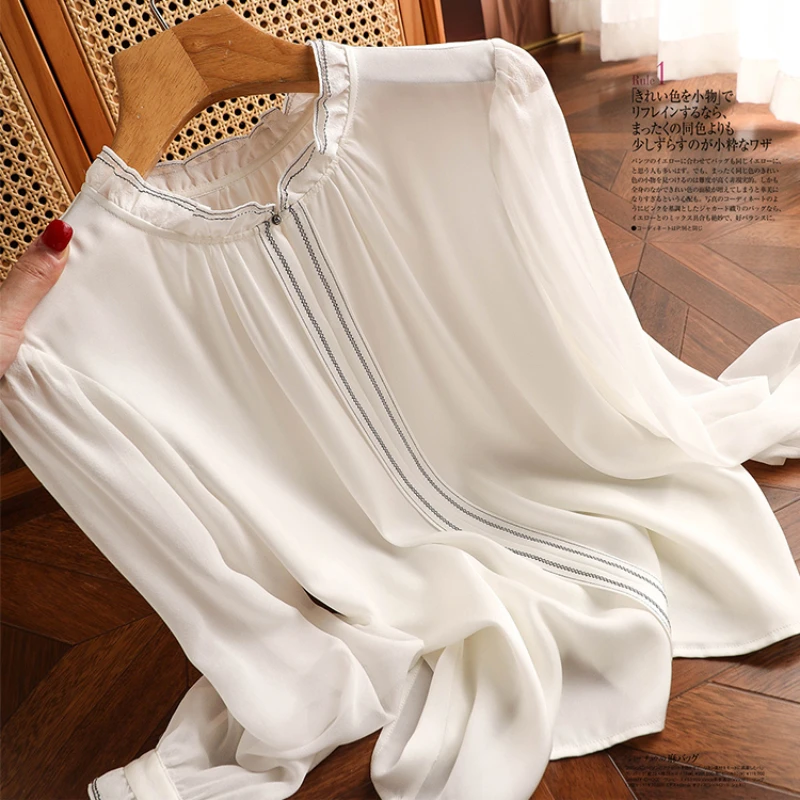 Satin Women's Shirts New Silk Solid Vintage Blouses Loose Spring/Summer O-Neck Ladies Clothing Long Sleeves FASHION Tops