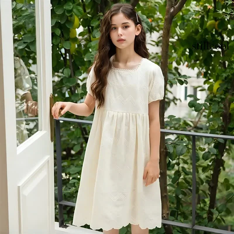 Girls Dress Summer Lace Collar Pure Cotton Hollow Out Light Yellow Casual Dresses 2026 New Teenage Kids Fashion Princess Dress