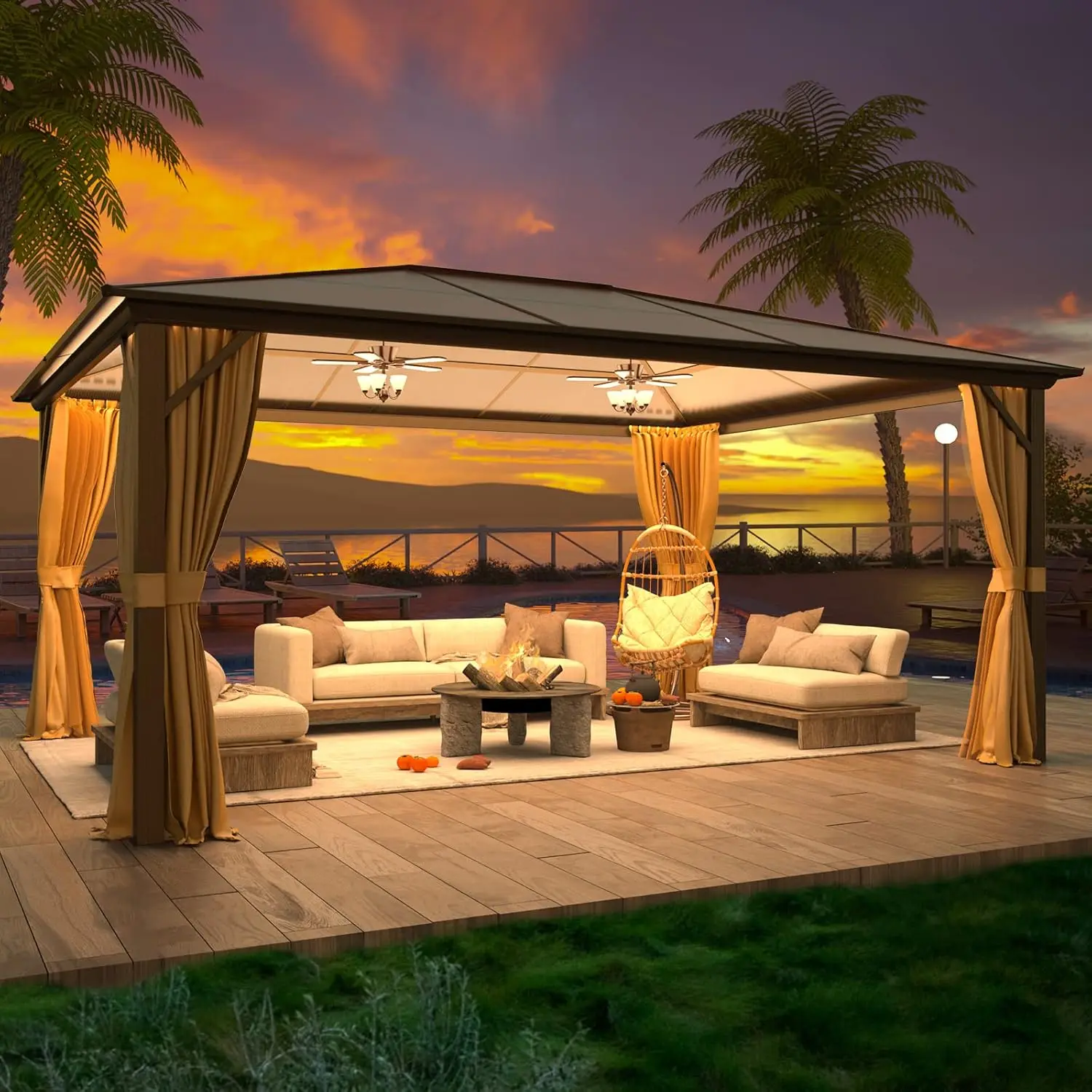 

12'x16' Hardtop Gazebo, Outdoor Polycarbonate Roof Canopy, Aluminum Frame Permanent Pavilion with Curtains and, Customized