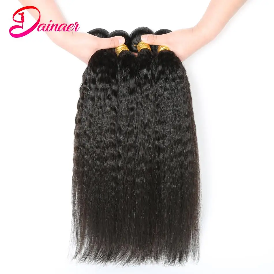 Brasileiro kinky em linha reta pacotes de cabelo humano com 13x4 laço frontal e pacotes remy natural yaki em linha reta 4 pacotes com frontal