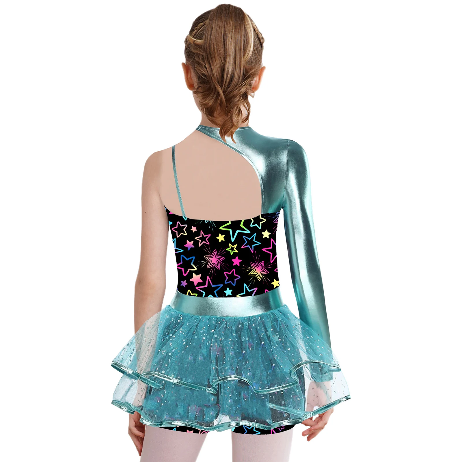 Niños Niñas Ballet danza leotardo brillante un hombro estampado lentejuelas malla tutú mono patinaje artístico gimnasia acrobacias mono