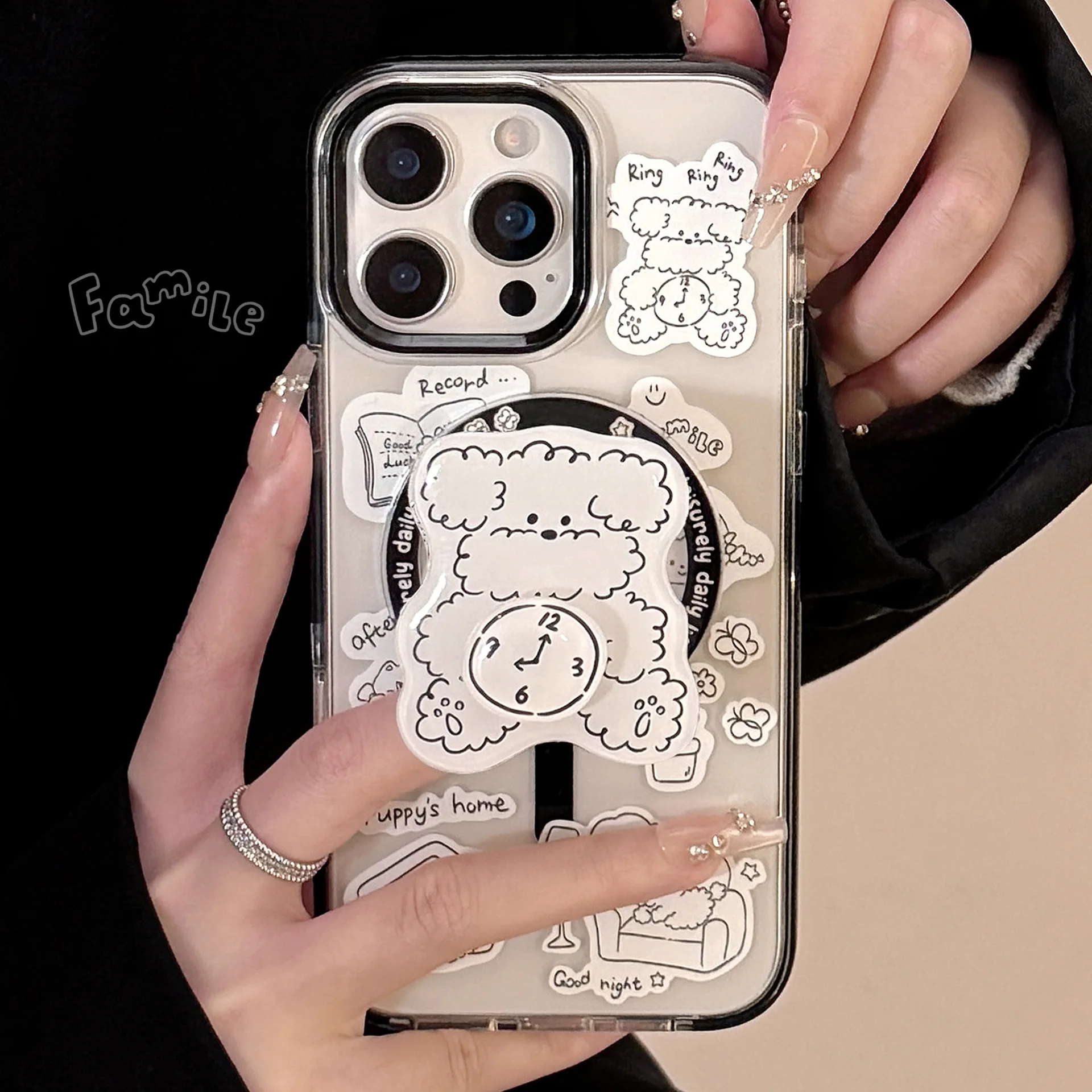 Niedliche Cartoon-Drehuhr-Welpen-Halterung, magnetische Handyhülle für iPhone 16, 15, 14, 13, 12, Pro Max, klare, stoßfeste Schutzhülle
