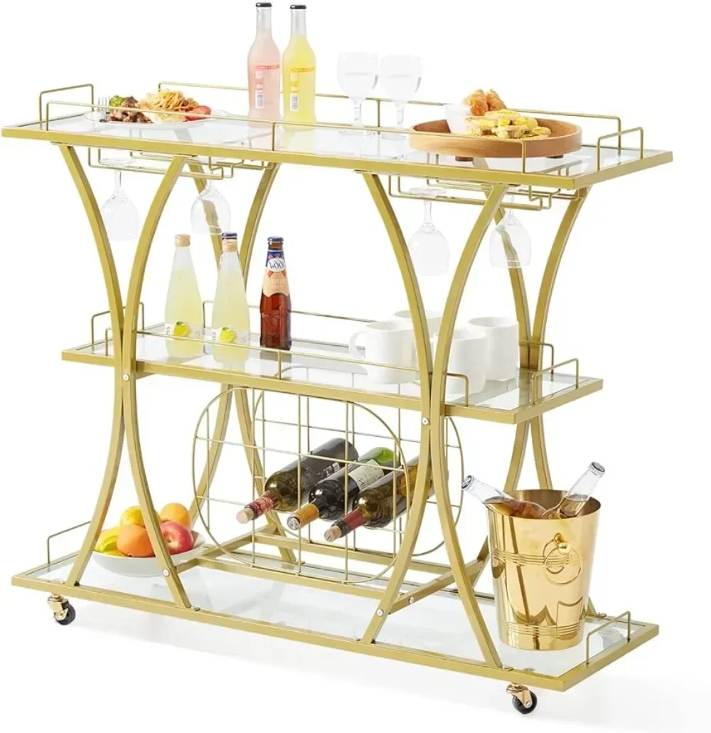 Bar Cart Gold, 3 Tiers Home Bar Serving Cart on Lockable Wheels, Rolling Alcohol Cart with Tempered Glass Shelves Guardrail