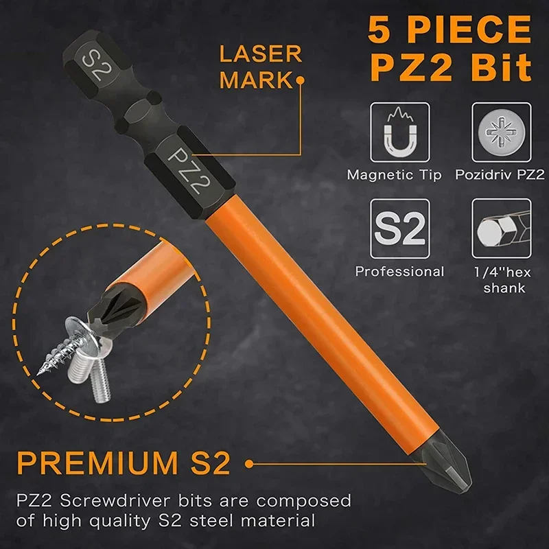 PZ2 Impacto Chave De Fenda Bits Set, Torx Driver Bit, Poder Brocas, T20, T25, 75mm, 5pcs