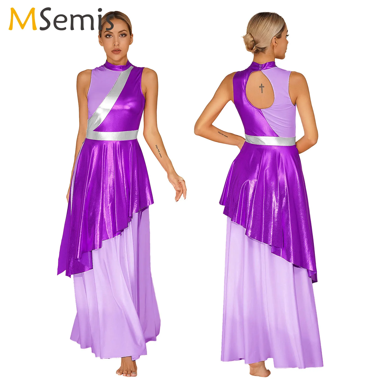 Womems Praise Dance Dress Patchwork Sleeveless Lyrical Dance Dresses Church Worship Choir Dancewear Stage Performance Costume