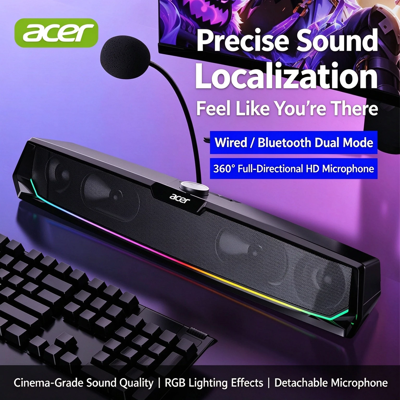 Acer OSK256 Gaming Soundbar with Microphone, Wired & Bluetooth All-in-One E-Sports Speakers for Desktop PC, Home Use, Desktop Su