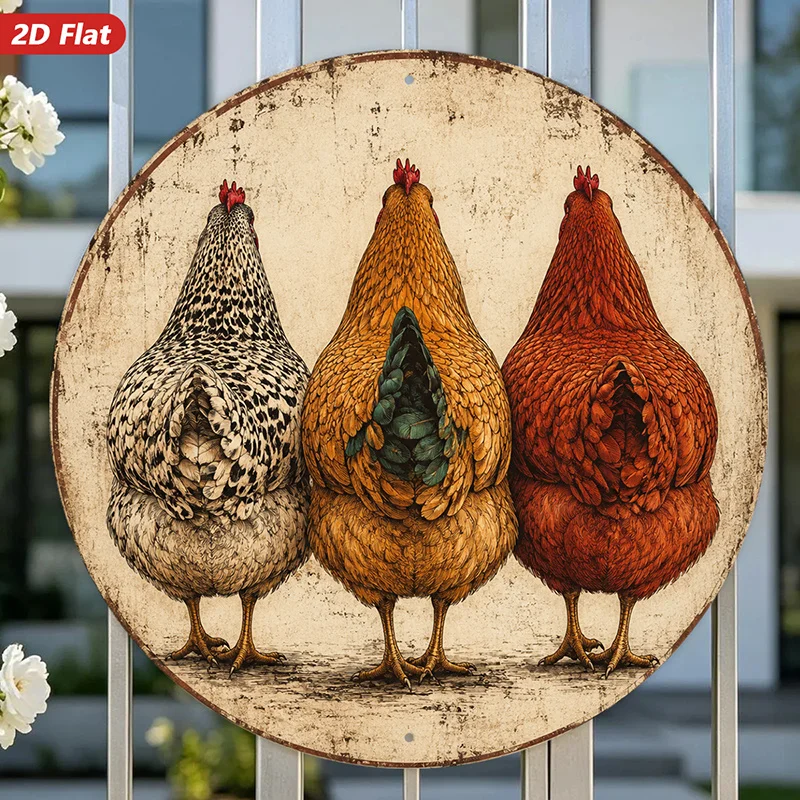 2D Flat, 1pc Rustic Hen Trio Round Metal Sign Wall Art, Three Back View Hens, Speckled White Chicken, Golden Brown Chicken, Home