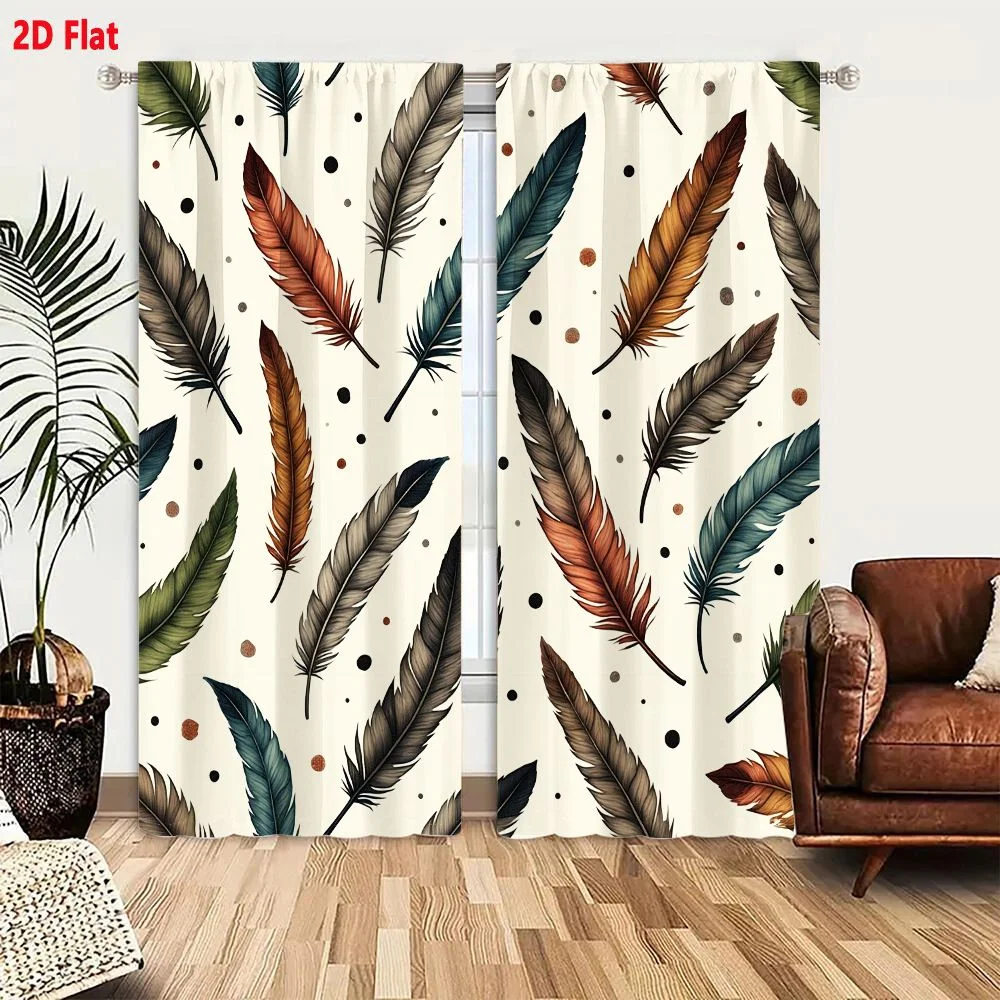 2Pcs Curtains 2D Flat Colorful Feathers Pattern On Cream Background With Earthy Tones And Decorative Dots Window Drapes for Bedr