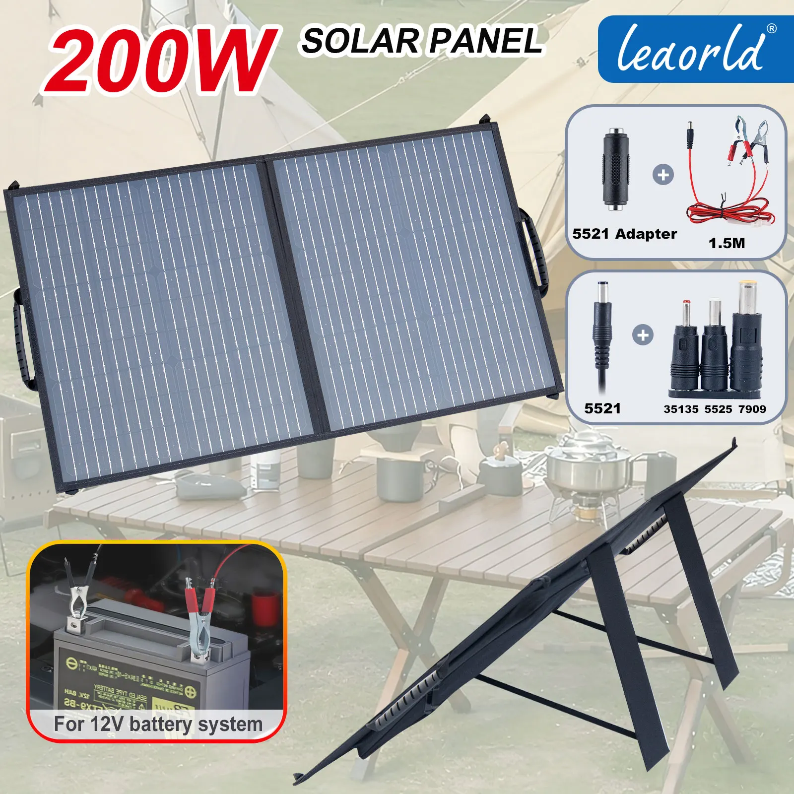 Leaorld 200W Solarpanel-Ladegerät, 18V DC 5521 35135 7909 5525 mit Ständern, Clips, 12V Batterieladegerät, Powerstation, Wohnmobil, Landwirtschaft